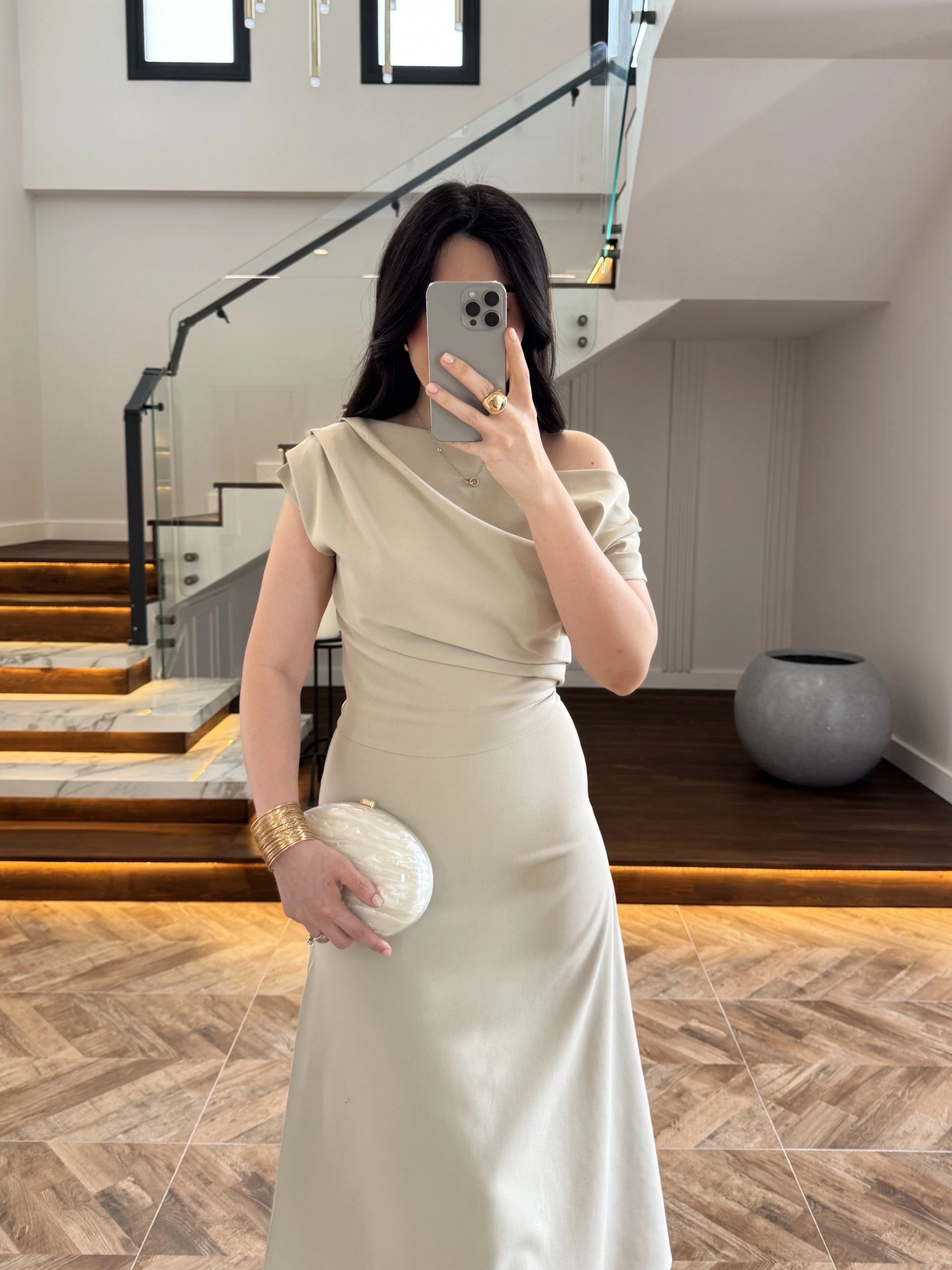Asymmetric Draped Midi Dress