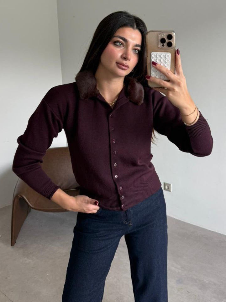 Burgundy Fur-Collar Cardigan