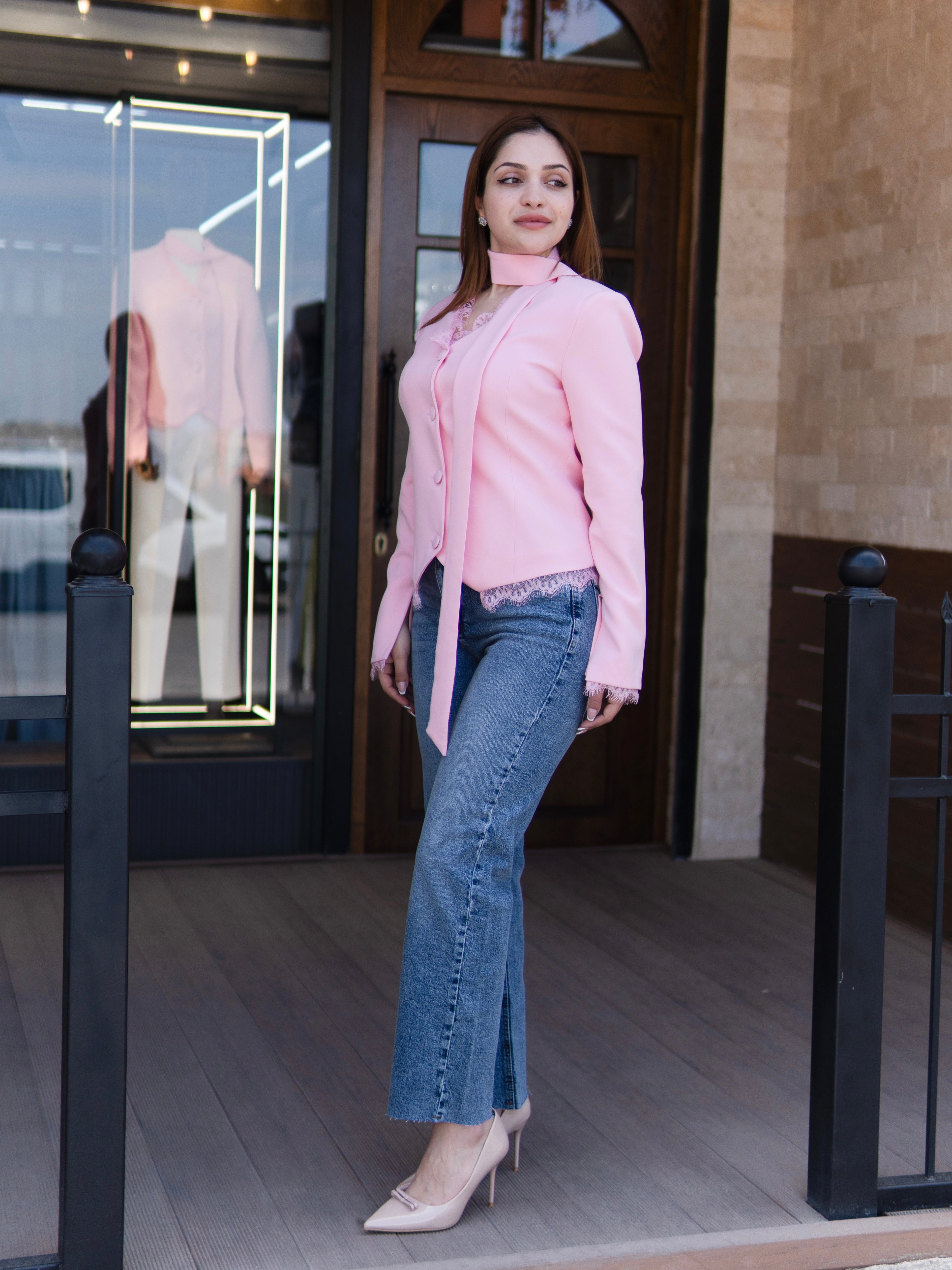 Pink Lace Trim Tie-Neck Blazer