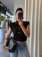 Black Sleeveless Button Polo Bodysuit