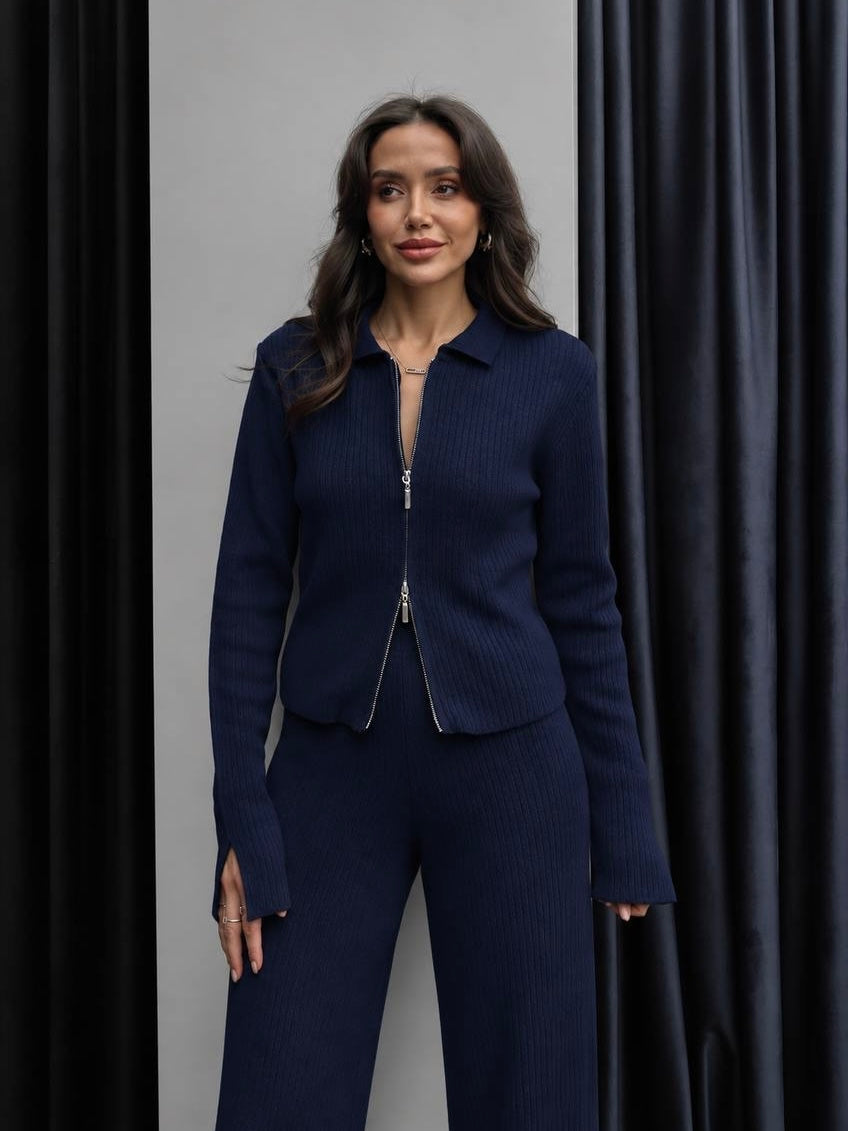 Navy Ribbed Knit Zip-Up Set