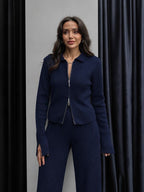 Navy Ribbed Knit Zip-Up Set