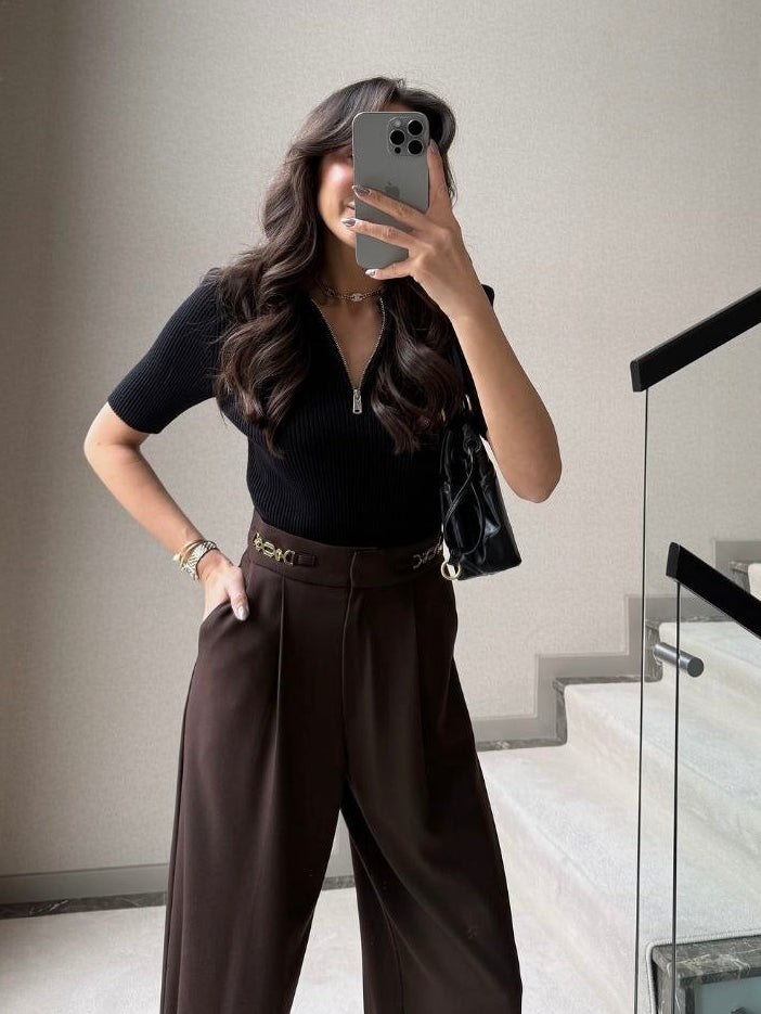 Gold Buckle Wide-Leg Pants