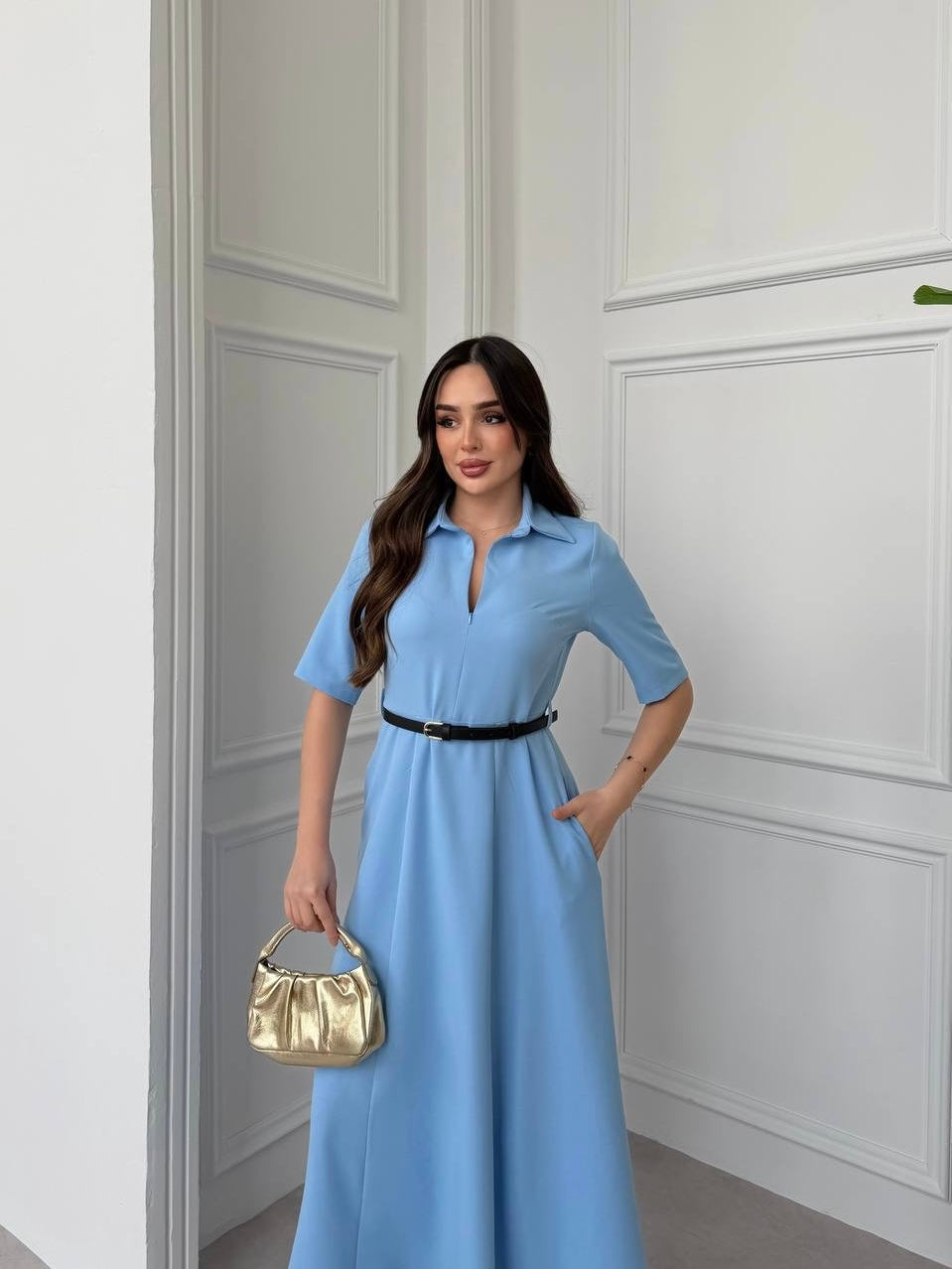 Elegant Blue Belted Dress