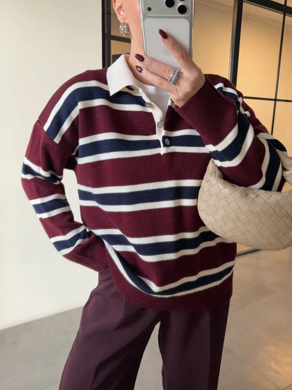 Burgundy & White Striped Sweater