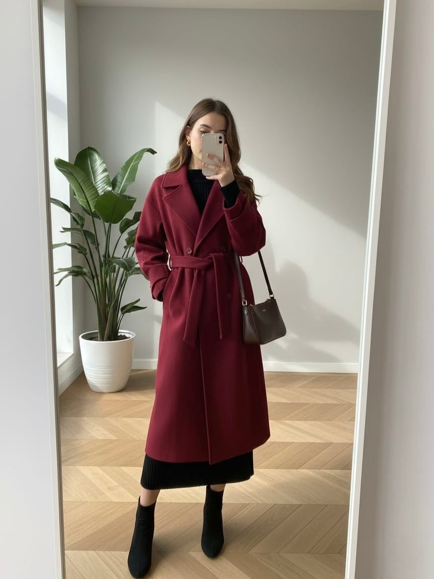 Burgundy Belted Long Coat