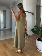 Olive Linen Midi Dress Set