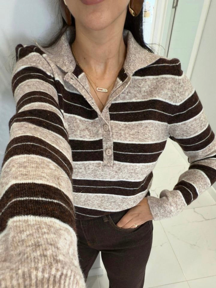 Brown Striped Knit Polo Sweater