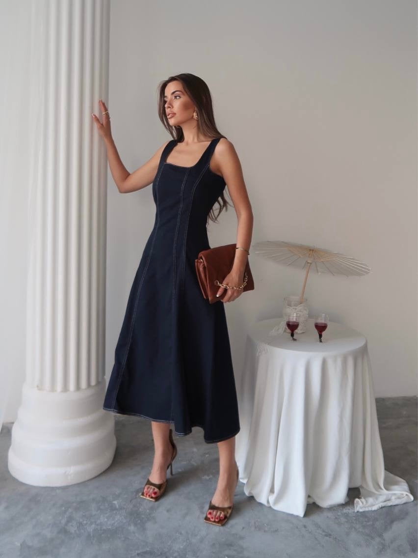 Navy Denim Midi Dress