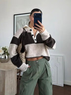 Brown Beige Block Striped Polo Sweater