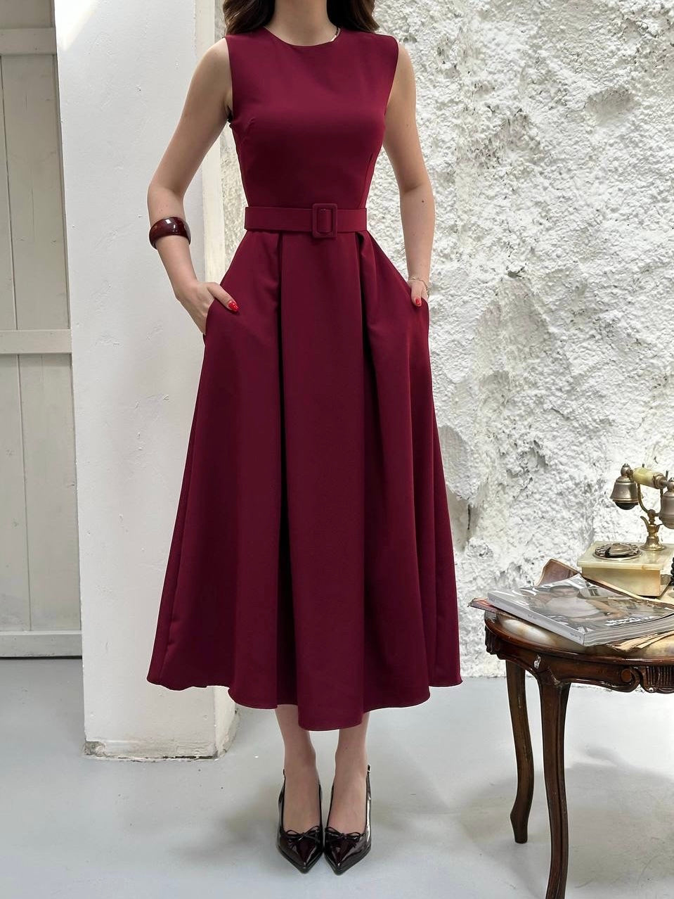 Burgundy Belted Midi Dress