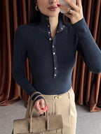 Navy Button Ribbed Top