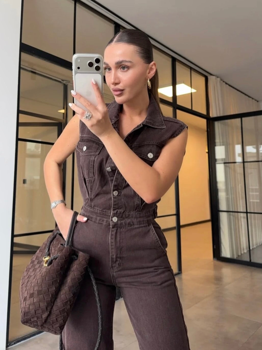 Chic Brown Denim Jumpsuit