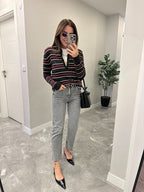 Burgundy Striped Knit Polo Sweater