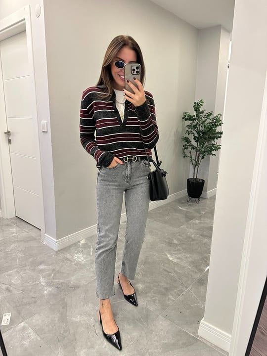 Burgundy Striped Knit Polo Sweater