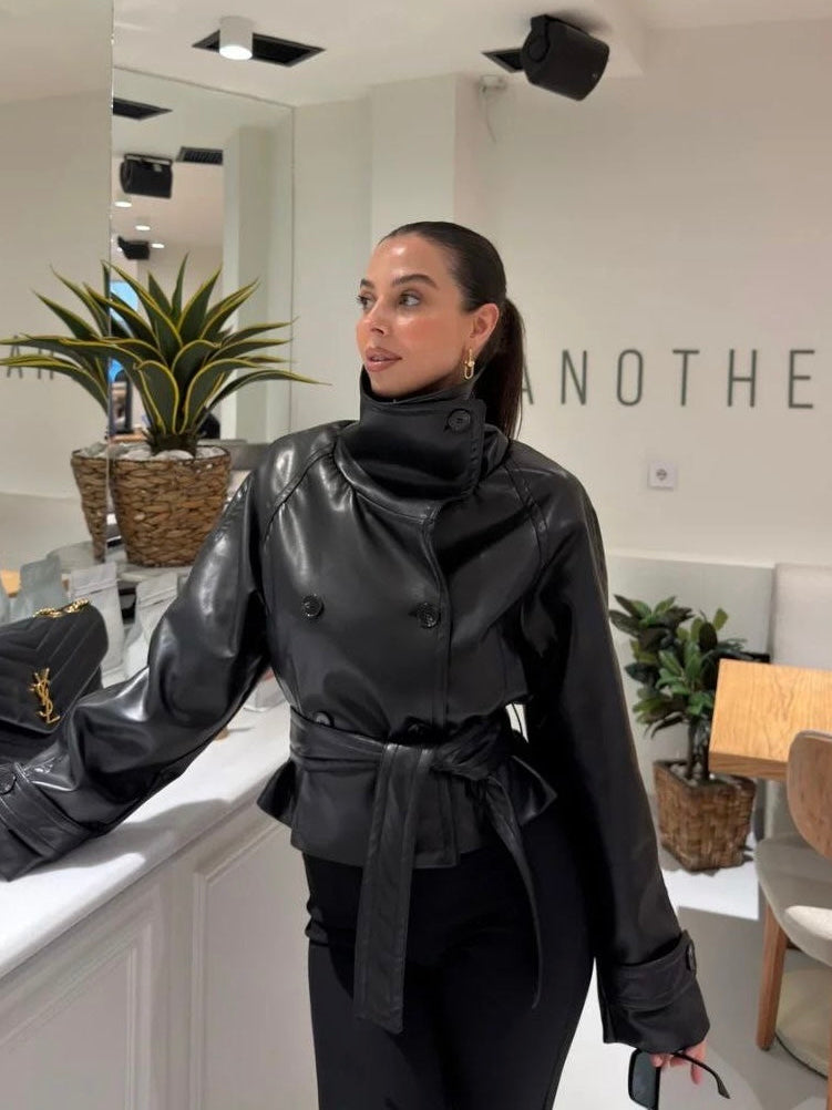 Black Leather Belted Trench