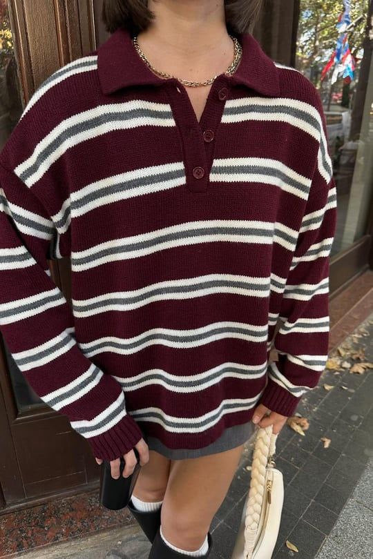 Burgundy Striped Wool Sweater
