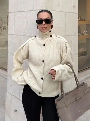 Buttoned High-Neck Knit Sweater
