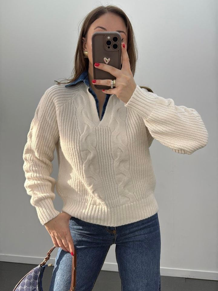White Knit Collar Sweater