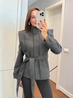 Grey Belted Structured Jacket