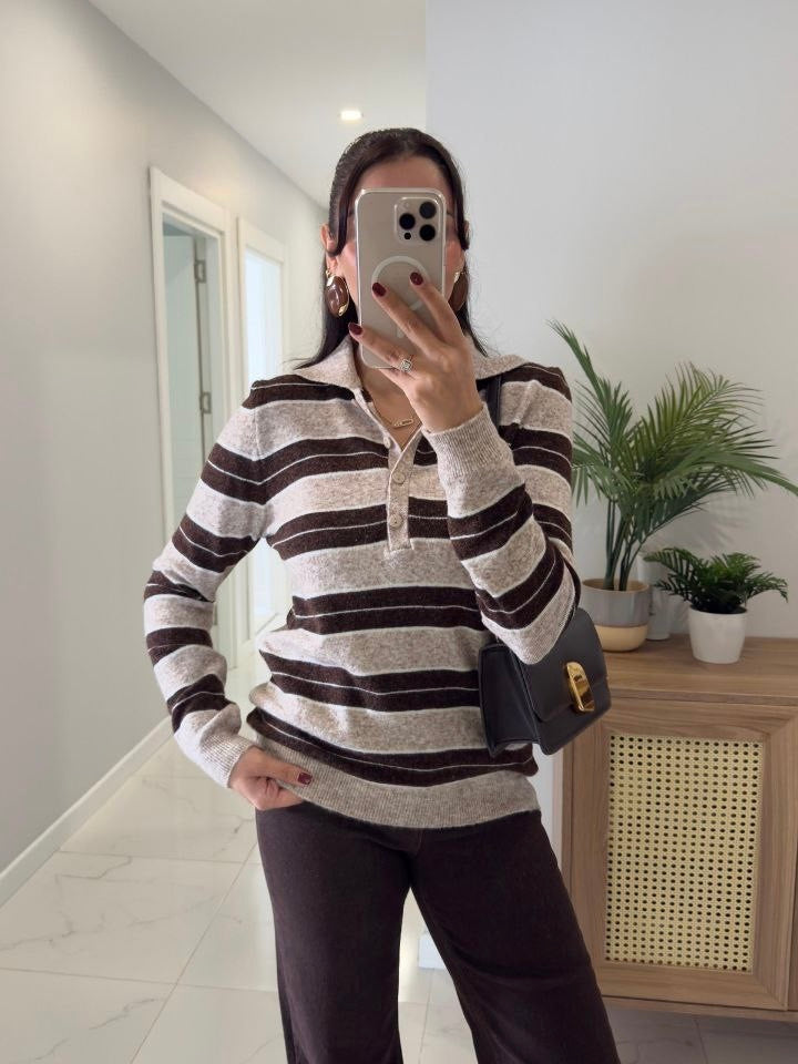 Brown Striped Knit Polo Sweater
