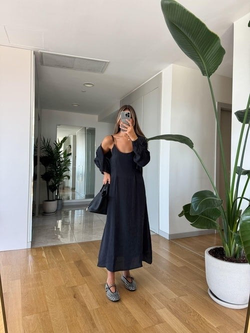Black Linen Midi Dress Set