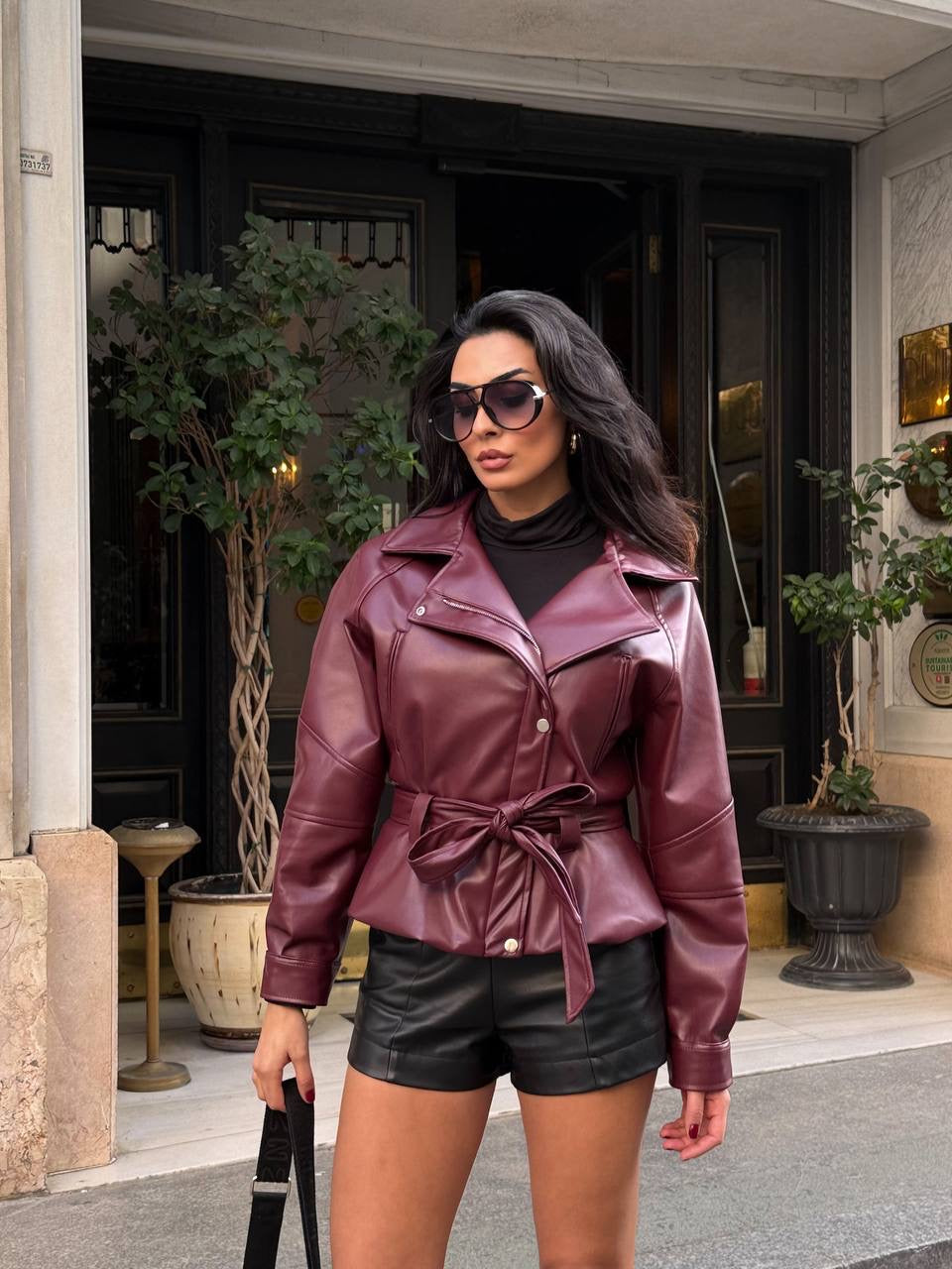 Burgundy Faux Leather Belted Jacket