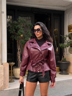 Burgundy Faux Leather Belted Jacket