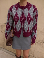 Burgundy Argyle Knit Cardigan