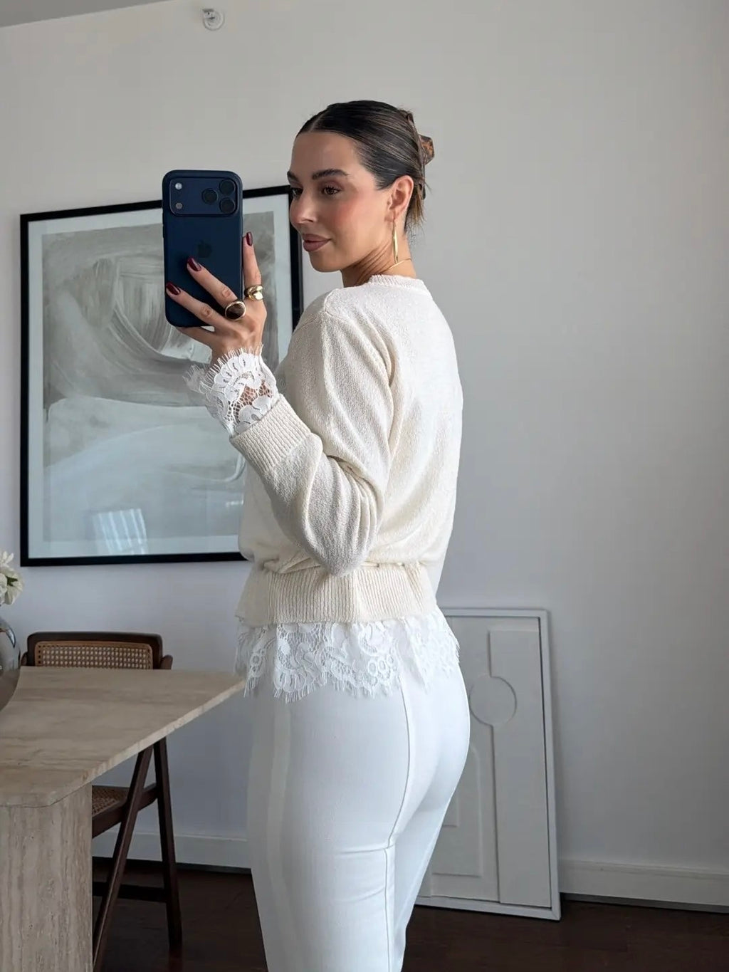Lace Trim Knit Button-Front Cardigan