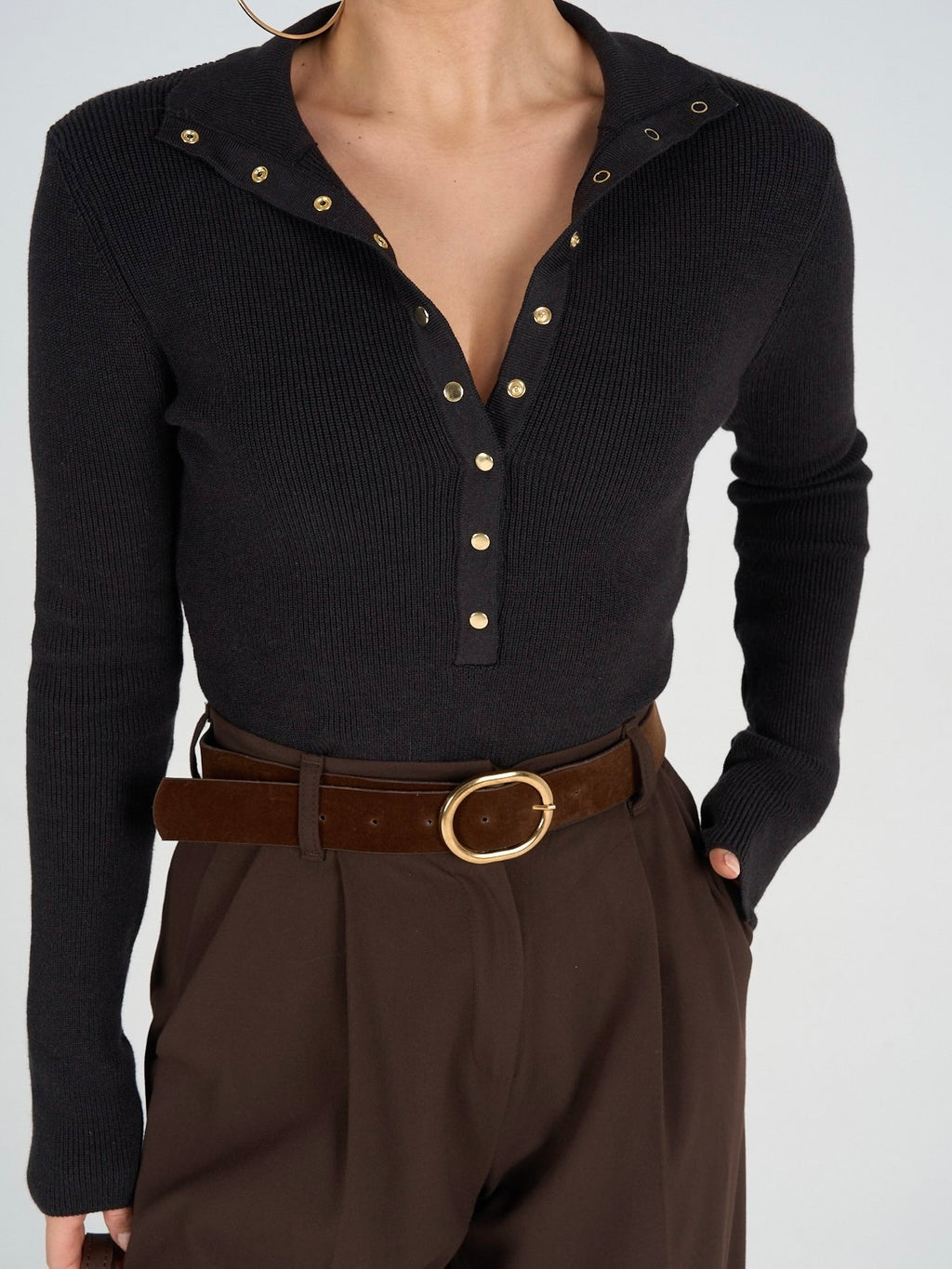 Brown Wool Knit Top with Buttons