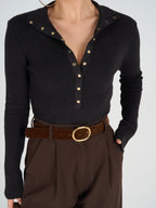 Brown Wool Knit Top with Buttons