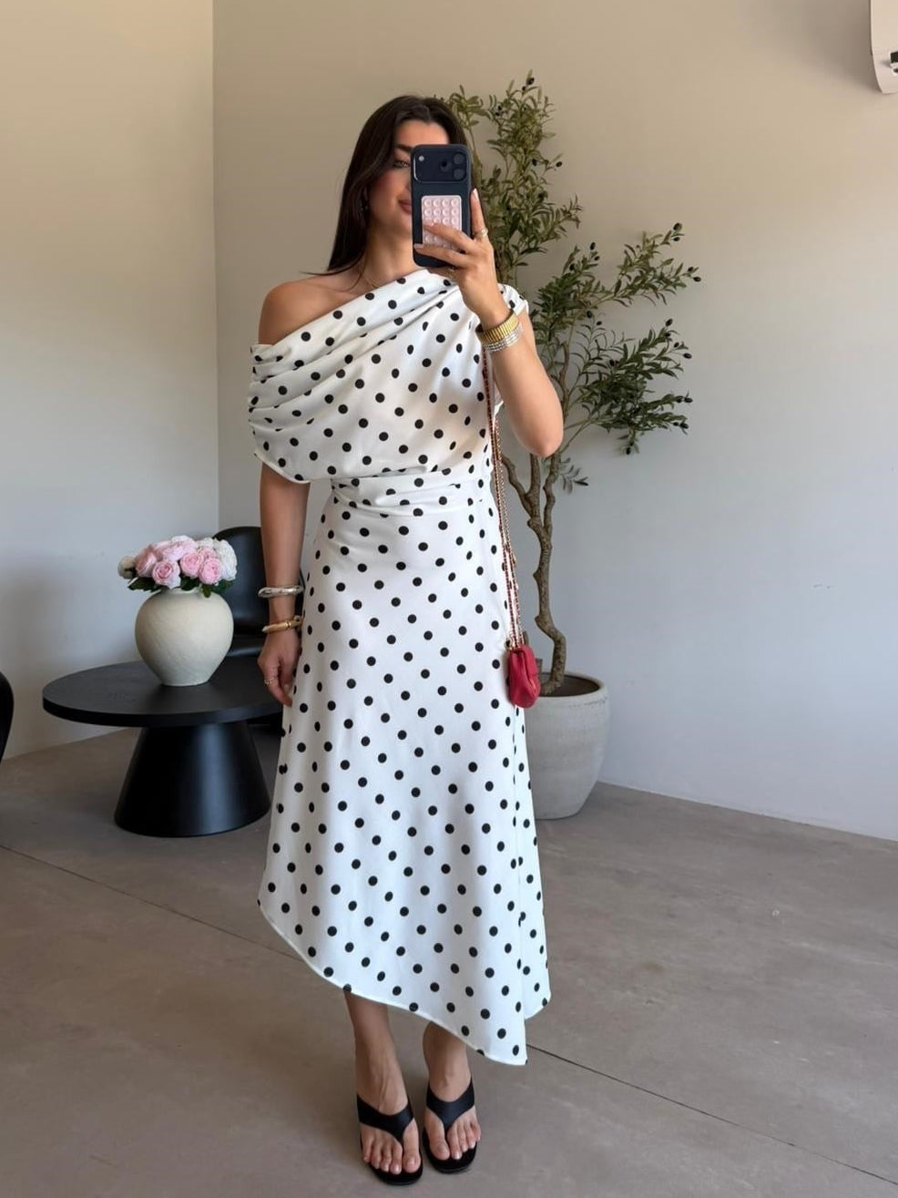 Polka Dot Draped Midi Dress
