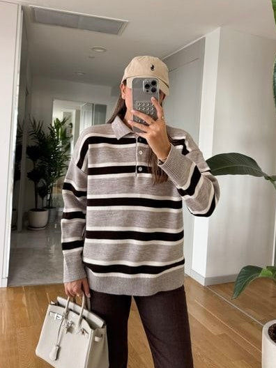 Striped Knit Polo Sweater