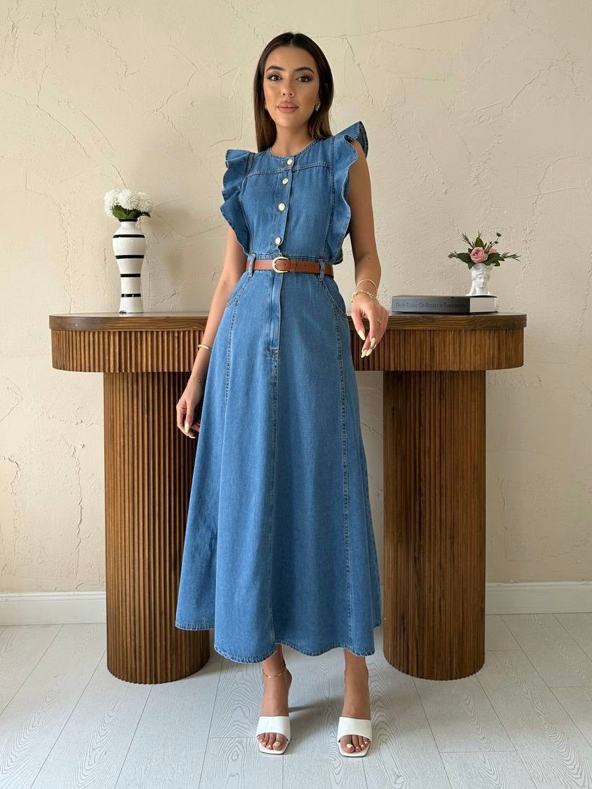 Denim Dress with Belt