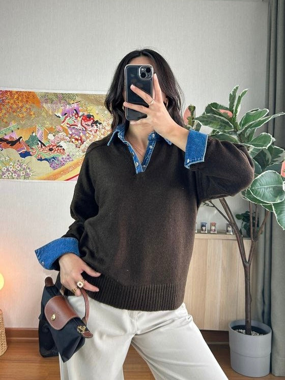 Brown Wool Knit Sweater with Denim