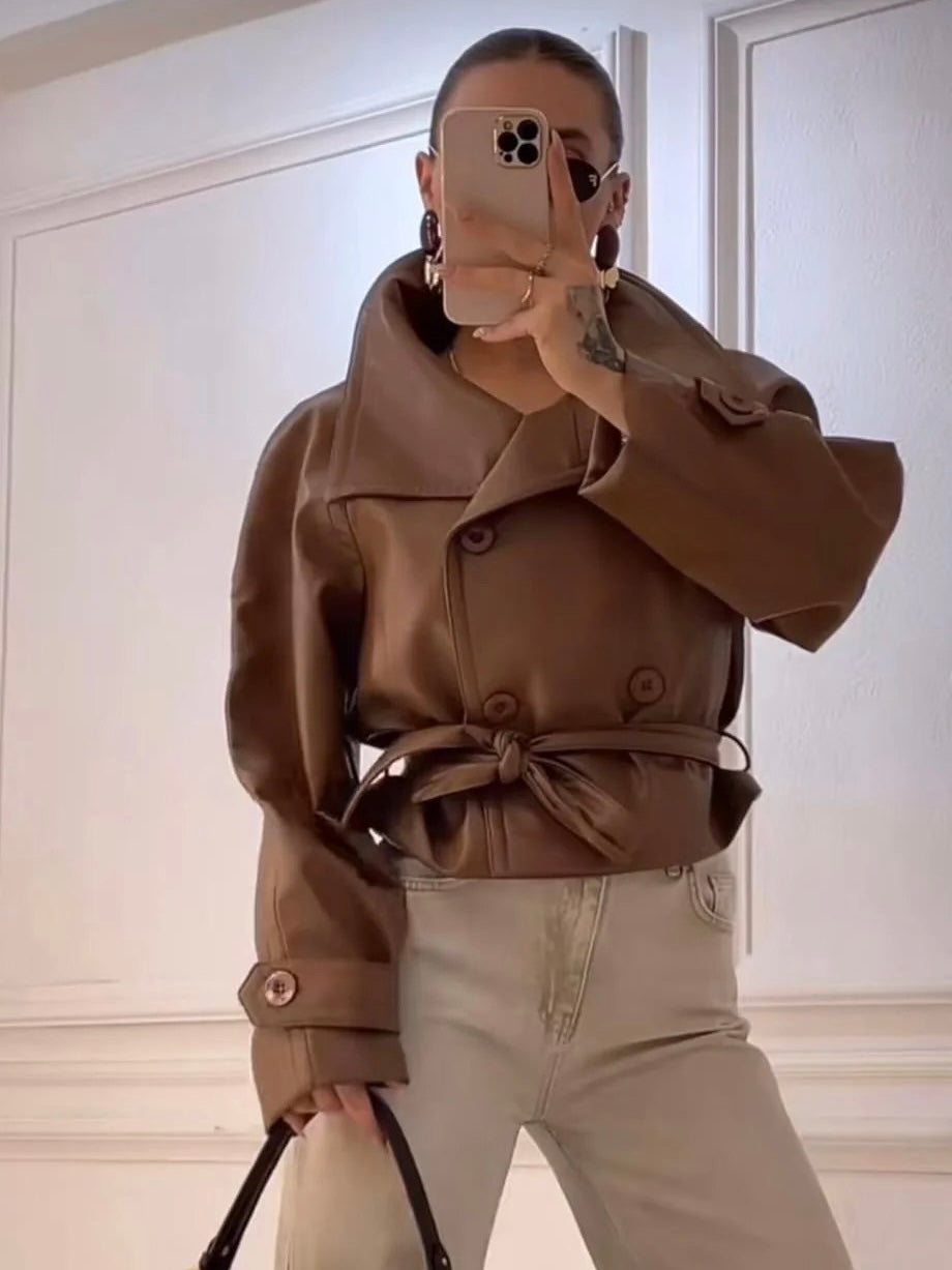 Camel Leather Belted Trench