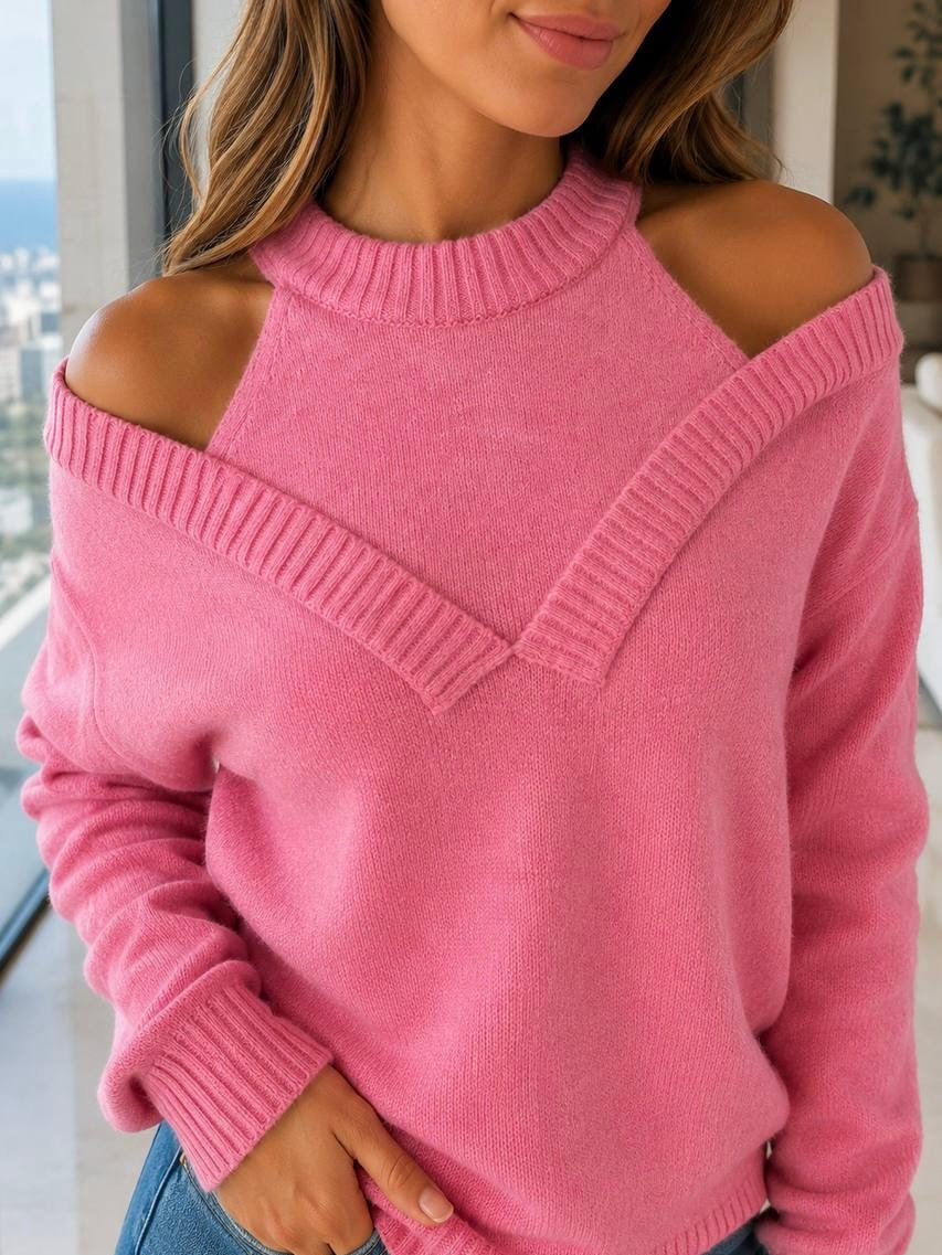 Pink Cut-Out Shoulder Knit Sweater