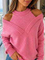 Pink Cut-Out Shoulder Knit Sweater