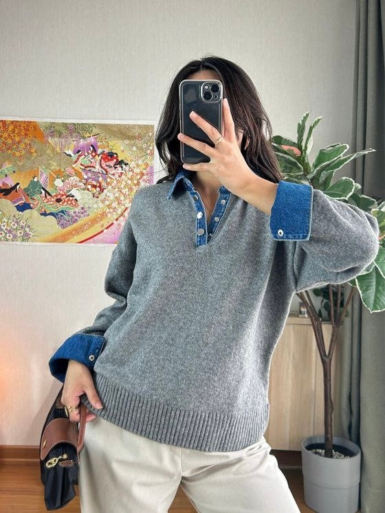 Grey Wool Knit Sweater with Denim