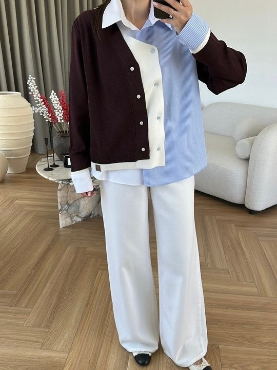 Burgundy Color Block Striped Cardigan Shirt