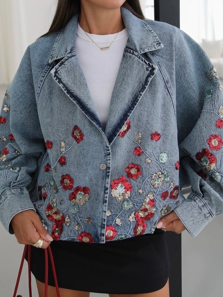 Embroidered Floral Denim Blazer