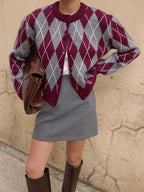 Burgundy Argyle Knit Cardigan