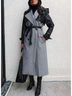 Grey Leather Sleeve Long Coat