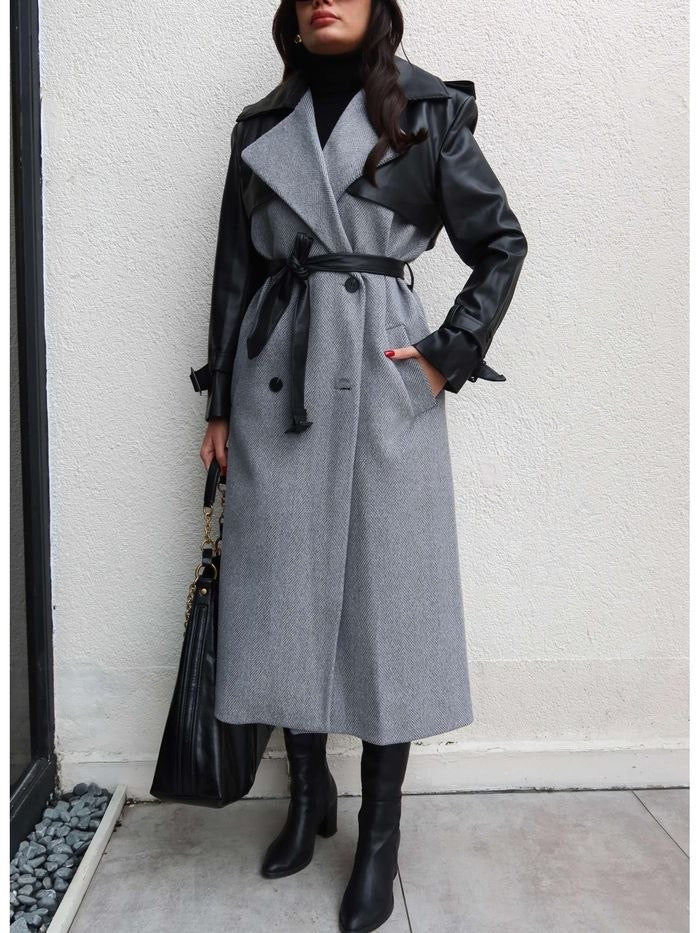 Grey Leather Sleeve Long Coat