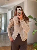 Beige Fur Collar Cardigan