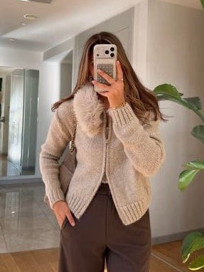 Beige Fur Collar Cardigan