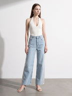 Light Wash Lace Side Wide-Leg Jeans