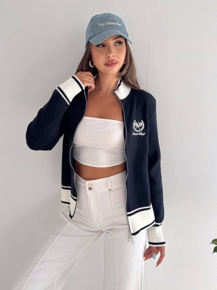Navy Contrast Trim Zip-Up Knit Top