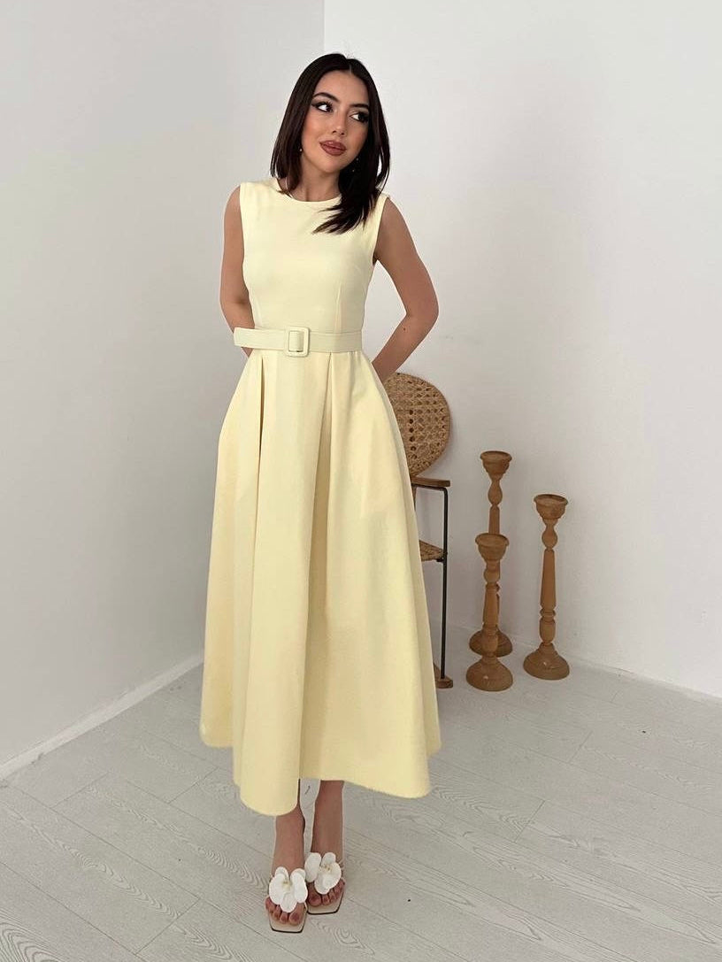 Yellow Belted Midi Dress